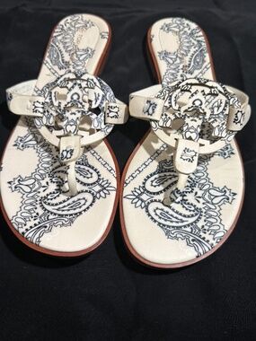 Tory Burch Miller Bandana Print Leather Sandal  Black Size 8
